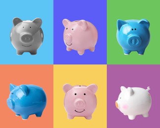 Image of Set with piggy banks on different color backgrounds