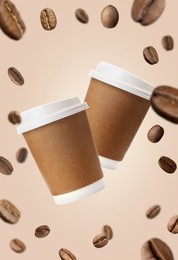 Image of Coffee to go. Paper cups and roasted beans flying on beige background