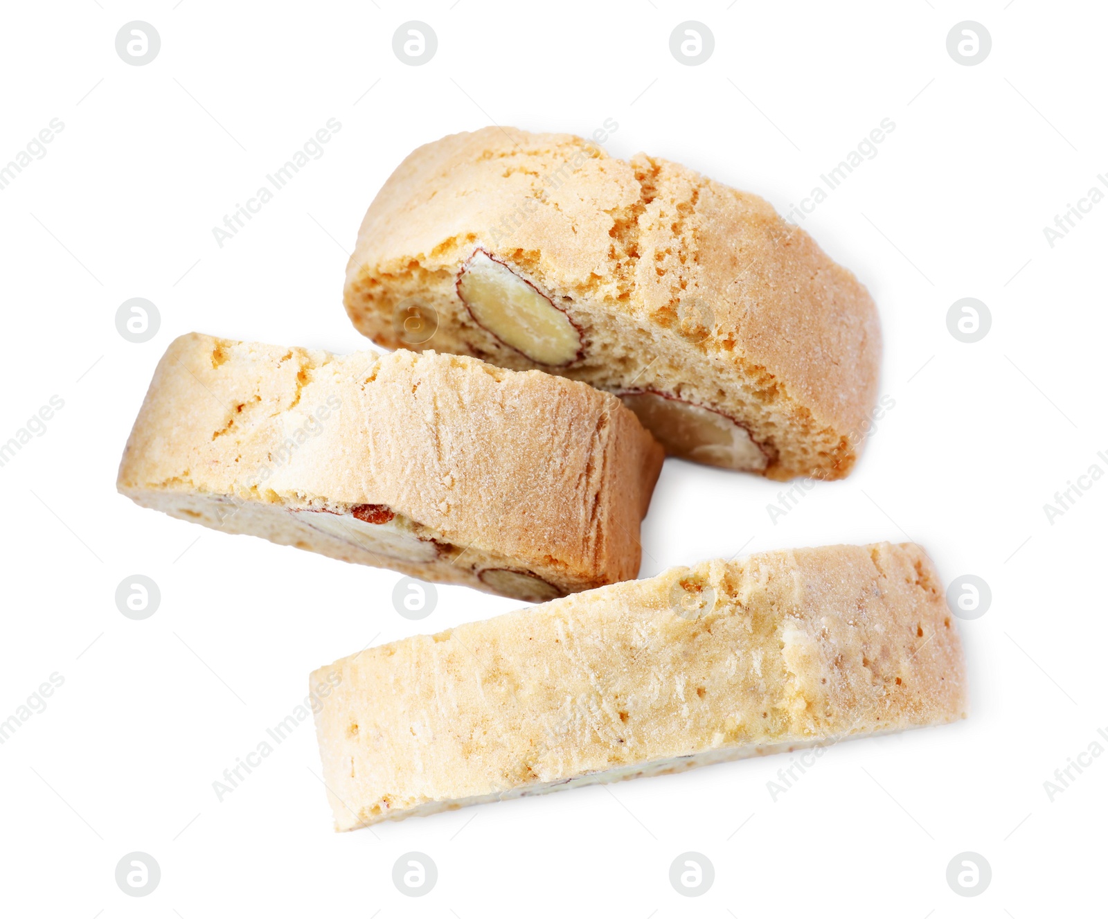 Photo of Slices of tasty cantucci on white background, top view. Traditional Italian almond biscuits