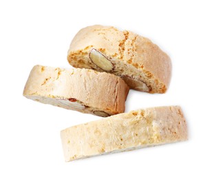 Slices of tasty cantucci on white background, top view. Traditional Italian almond biscuits