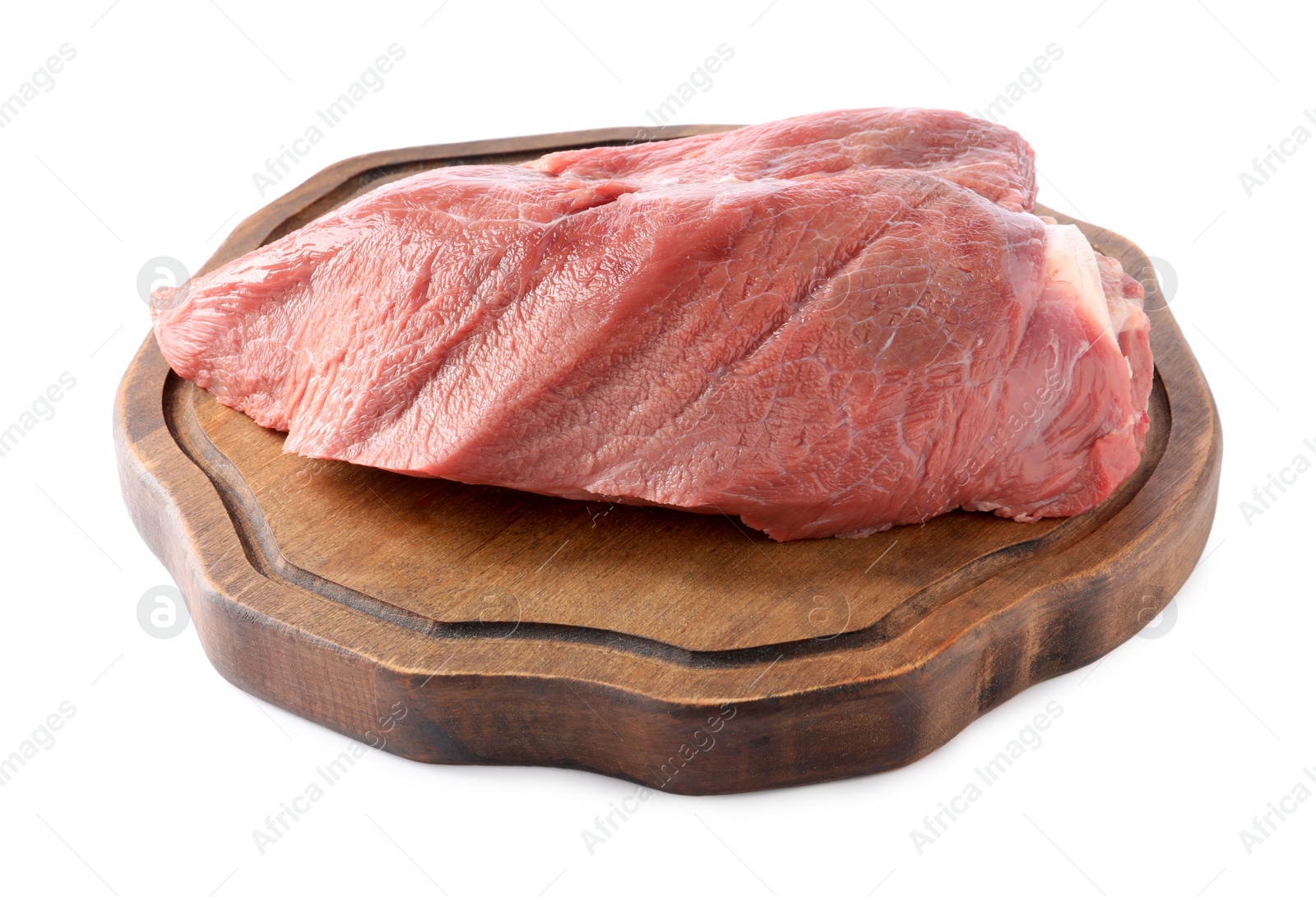 Photo of Wooden board with piece of raw beef meat isolated on white