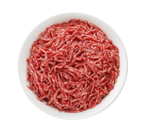 Fresh raw minced meat on white background, top view