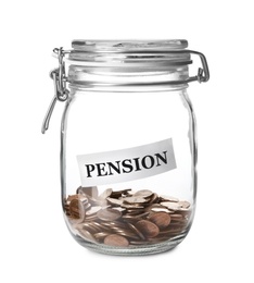 Glass jar with label PENSION and coins on white background