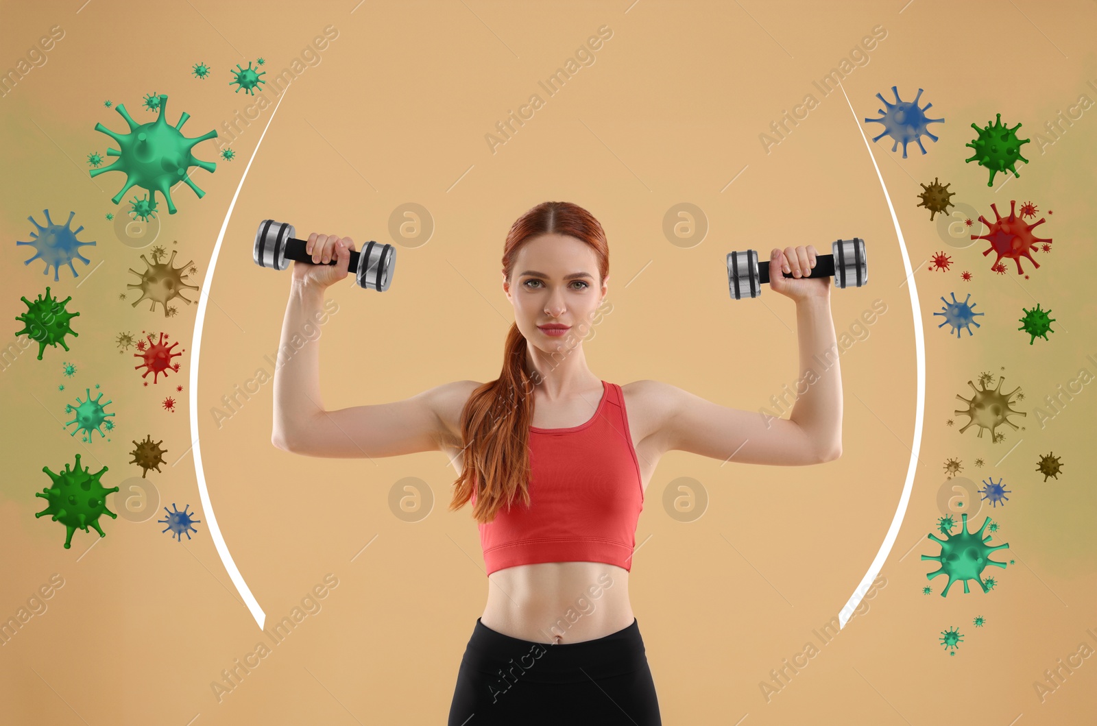 Image of Healthy woman with dumbbells surrounded by drawn viruses on beige background. Sporty lifestyle - base of strong immunity