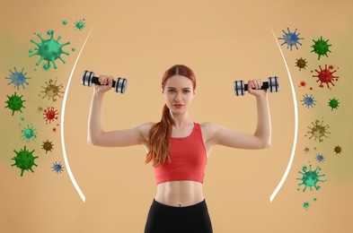Image of Healthy woman with dumbbells surrounded by drawn viruses on beige background. Sporty lifestyle - base of strong immunity