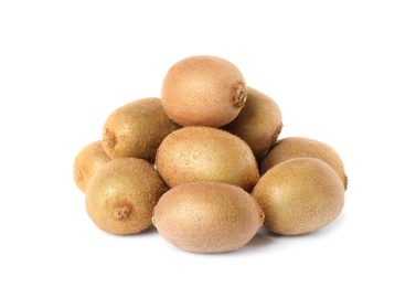 Pile of whole fresh kiwis on white background