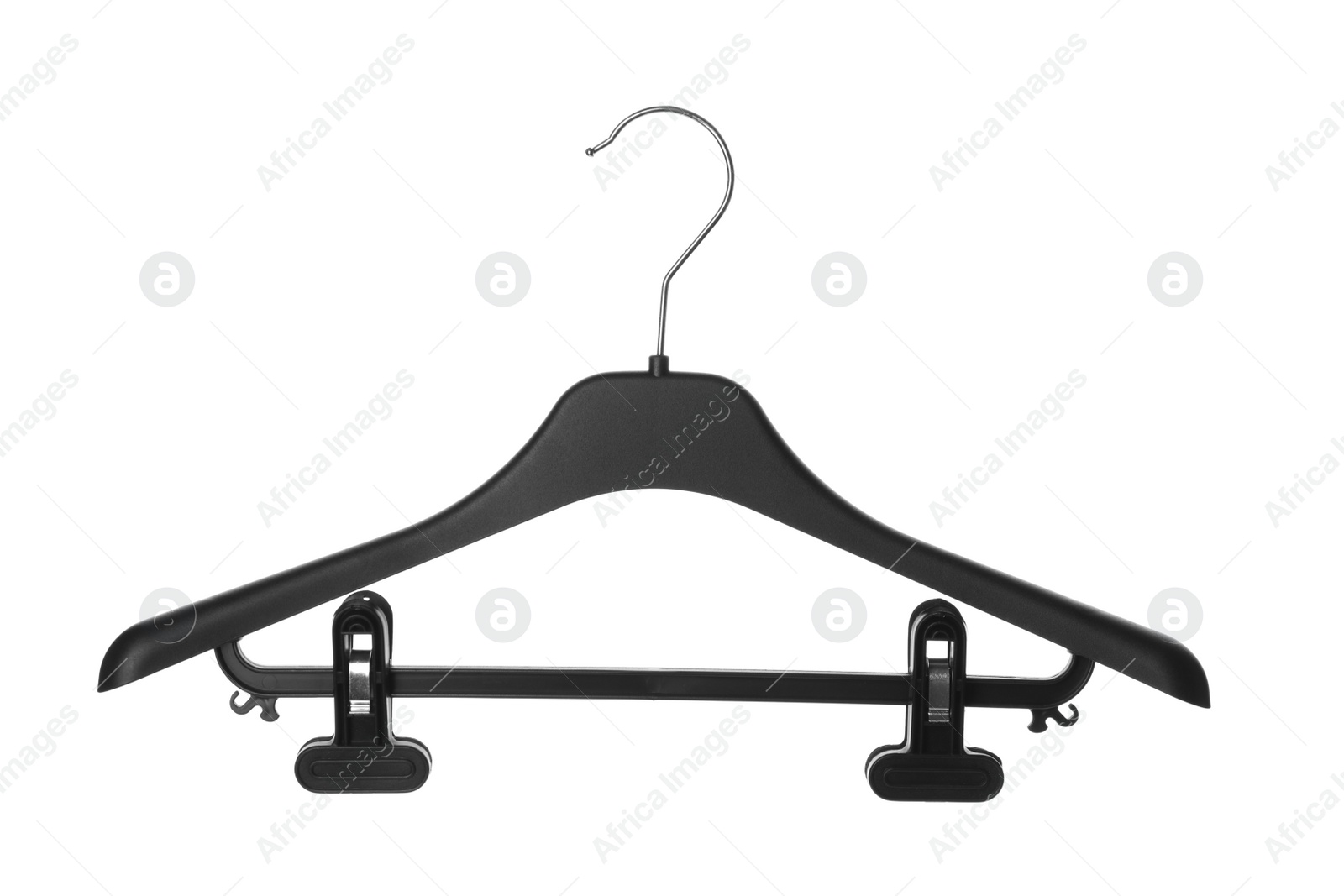 Photo of Empty hanger on white background. Wardrobe accessory