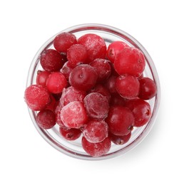 Photo of Frozen red cranberries in bowl isolated on white, top view