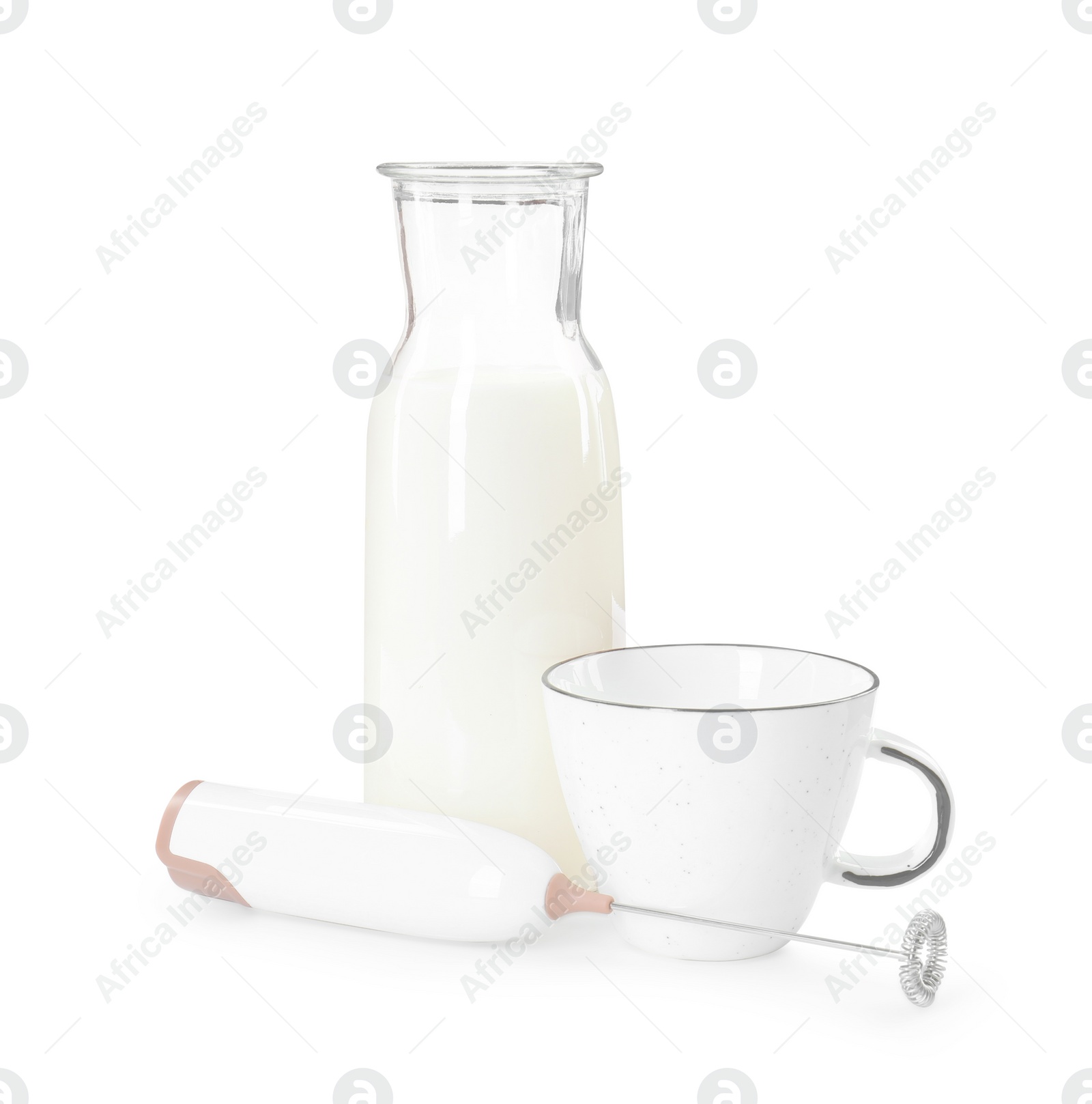 Photo of Mini mixer (milk frother), cup and bottle isolated on white