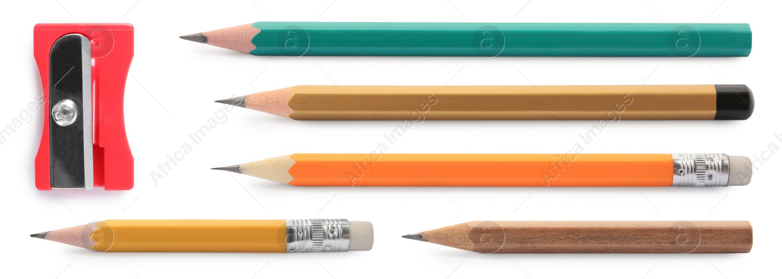 Image of Different graphite pencils and sharpener isolated on white, set