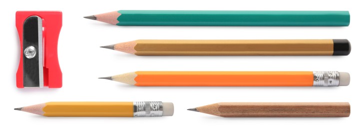 Different graphite pencils and sharpener isolated on white, set