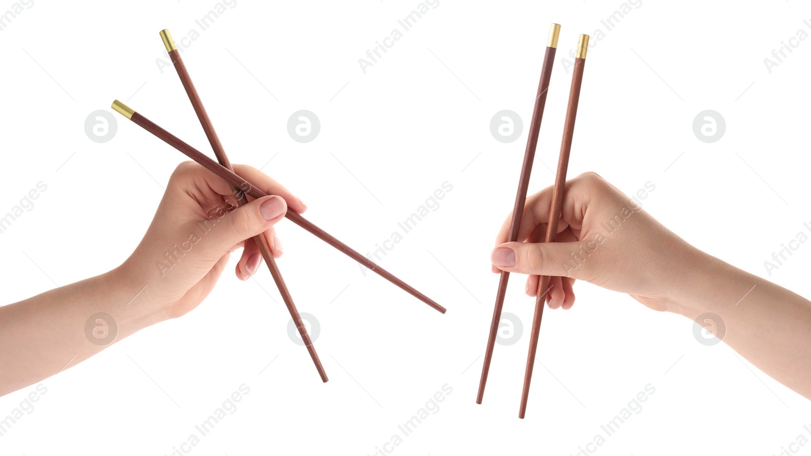 Image of Woman holding chopsticks isolated on white, closeup. Collage with photos