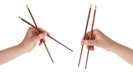 Image of Woman holding chopsticks isolated on white, closeup. Collage with photos