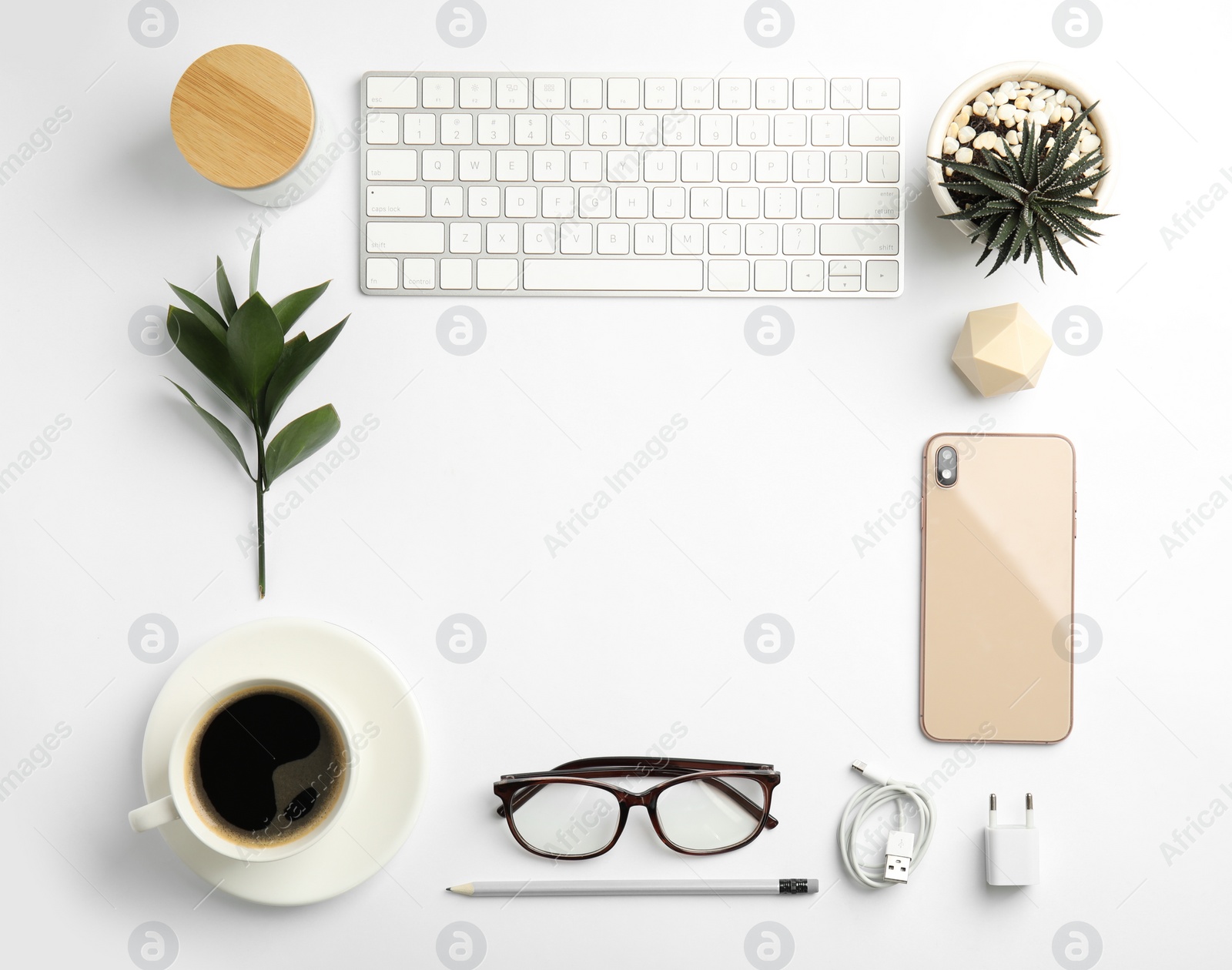 Photo of Composition with computer keyboard on white background, flat lay