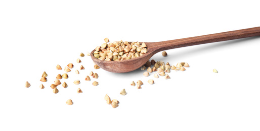 Photo of Uncooked green buckwheat grains in spoon isolated on white