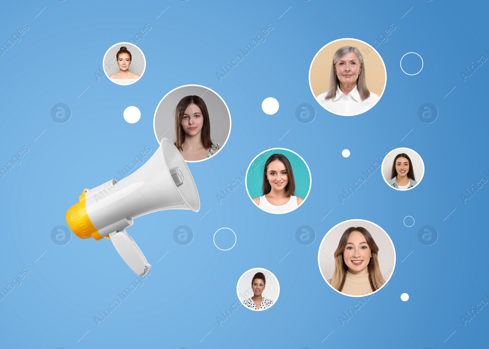 Image of Target audience. Megaphone and photos of potential clients on light blue background