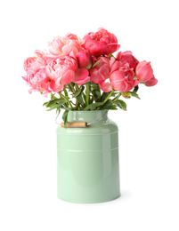 Photo of Beautiful pink peonies in can on white background