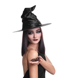Photo of Mysterious witch in hat with spider on white background