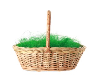 Photo of Easter wicker basket with decorated grass isolated on white