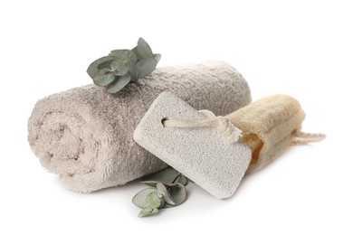 Pumice stone, towel, loofah and eucalyptus on white background