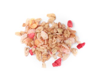 Photo of Pile of granola on white background, top view. Healthy snack