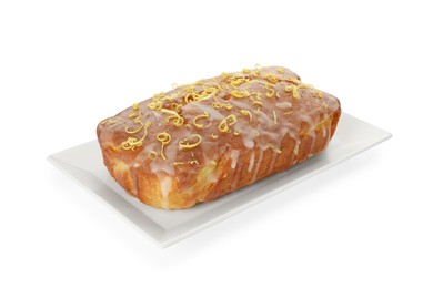 Photo of Tasty lemon cake with glaze isolated on white