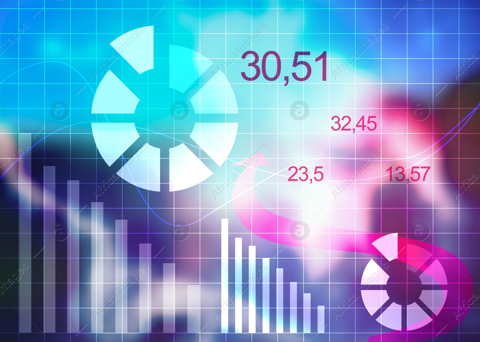 Illustration of Finance trading concept. Digital charts with statistic information on blurred background