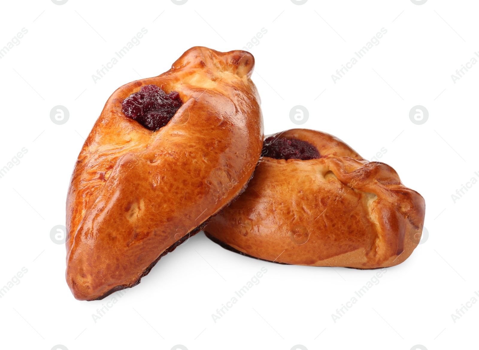 Photo of Delicious baked patties with cherry on white background