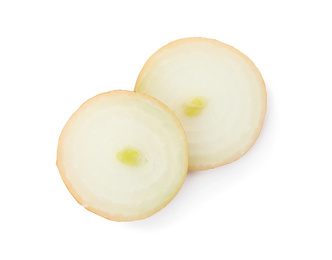 Photo of Slices of raw yellow onion on white background, top view