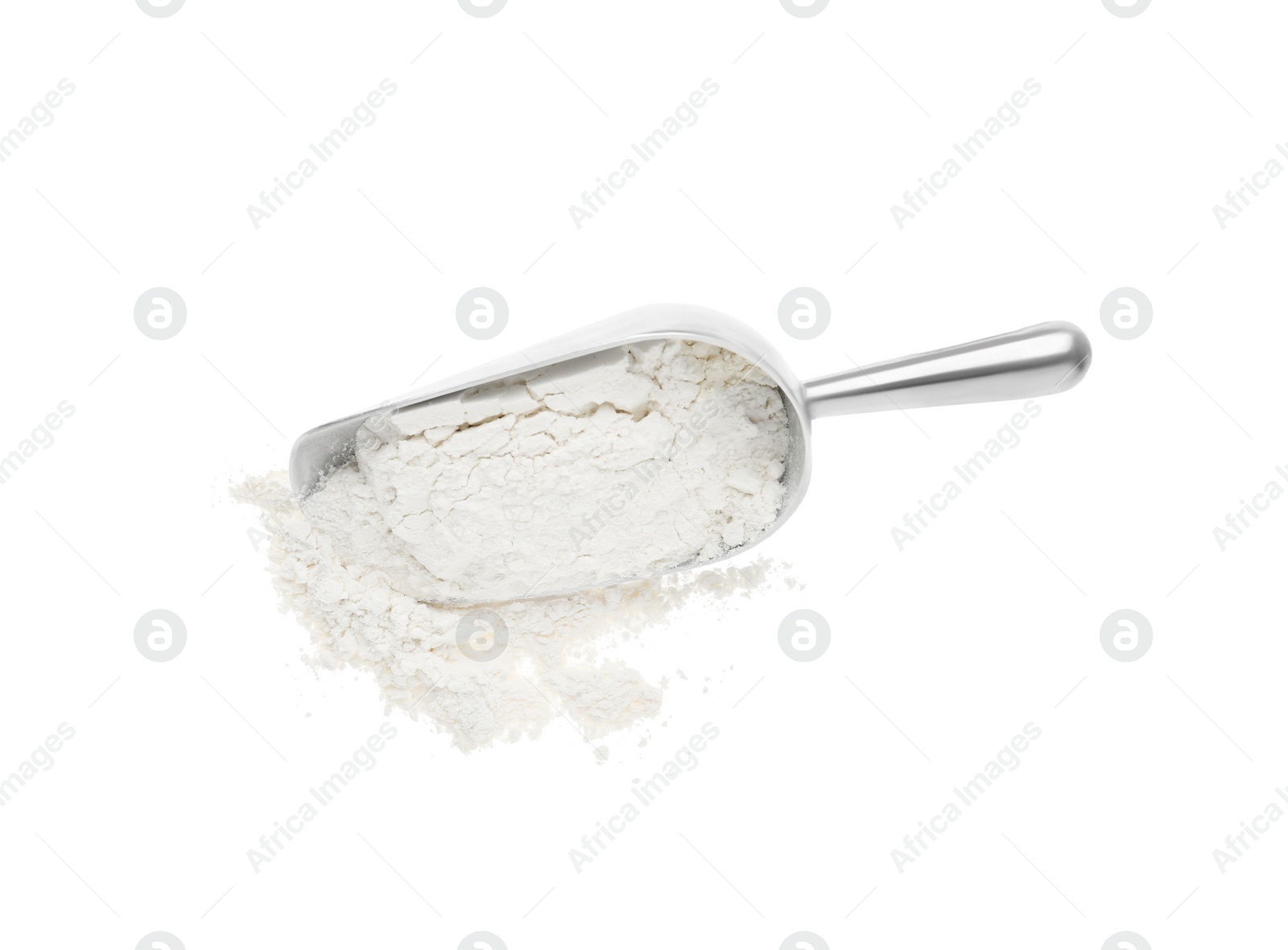 Photo of Scoop with flour isolated on white, top view