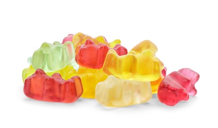 Photo of Pile of delicious jelly bears on white background