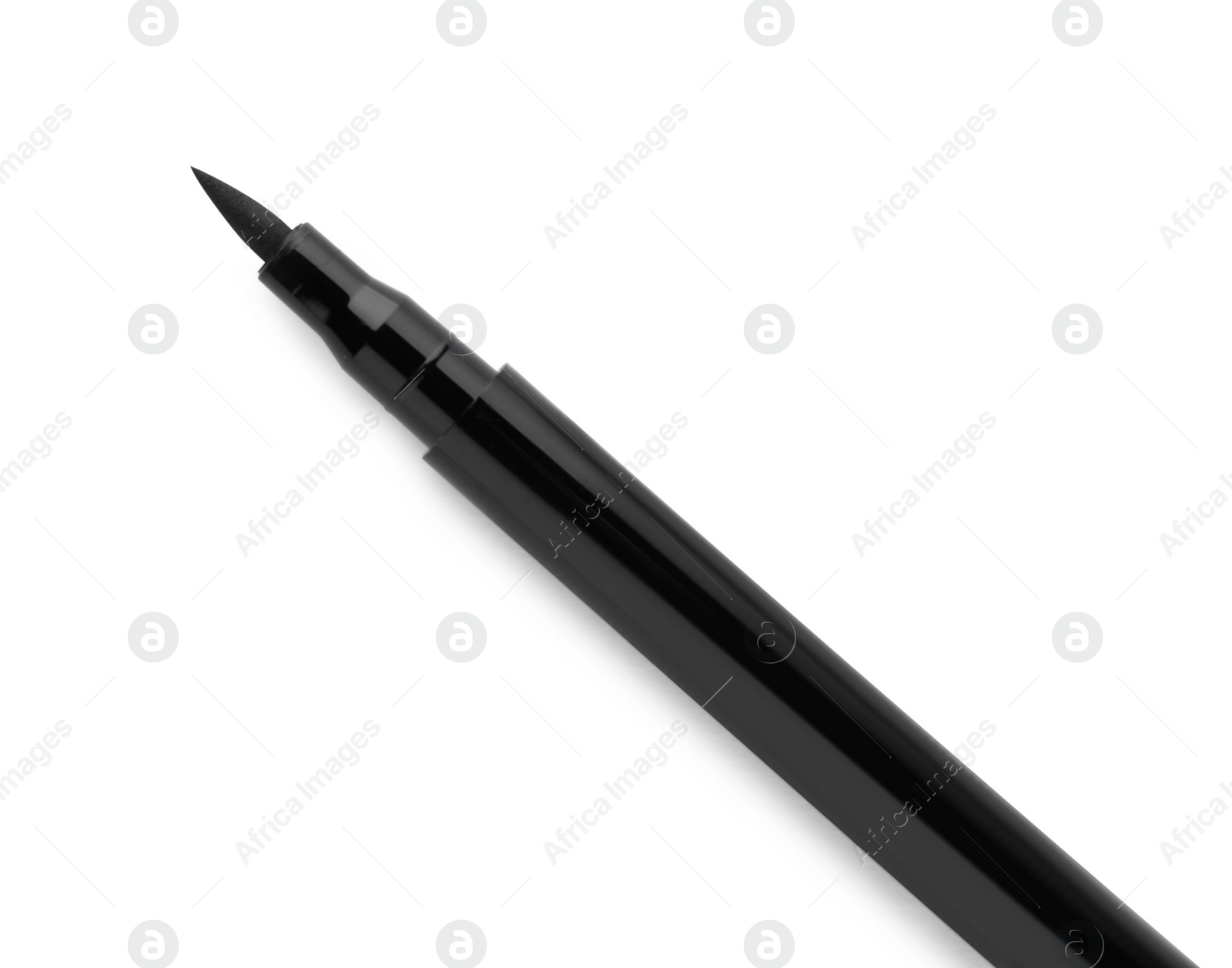 Photo of Black eyeliner isolated on white, top view. Makeup product