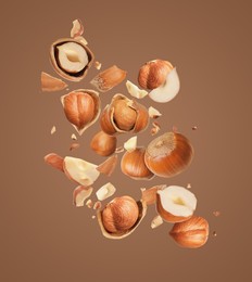 Image of Pieces of tasty hazelnuts falling on brown background