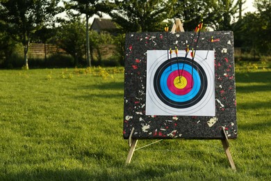 Photo of Archery target with arrows in park. Space for text