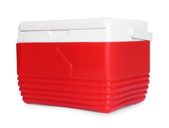 Photo of Red plastic cool box isolated on white