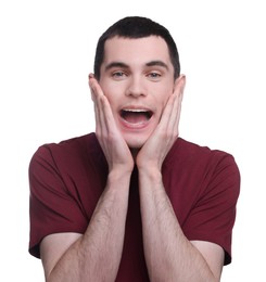 Photo of Portrait of surprised man on white background
