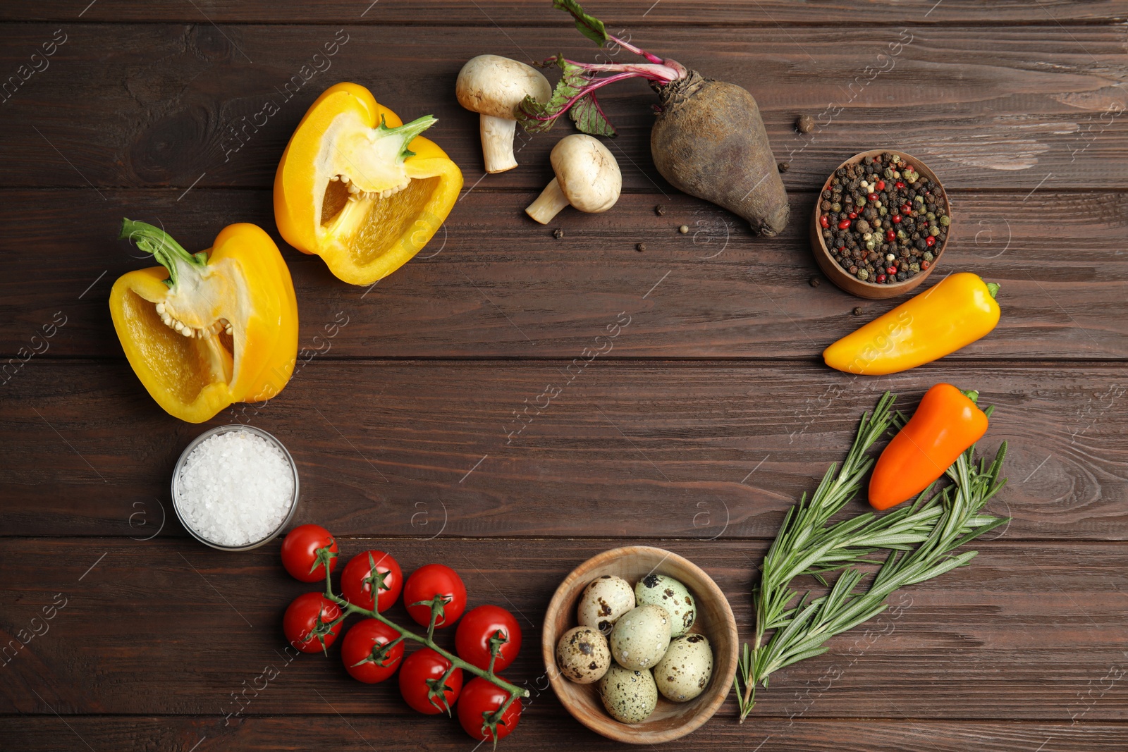 Photo of Frame of ingredients for cooking on wooden table, flat lay. Space for text