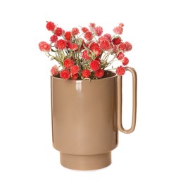 Photo of Stylish ceramic vase with wild flowers bouquet on white background