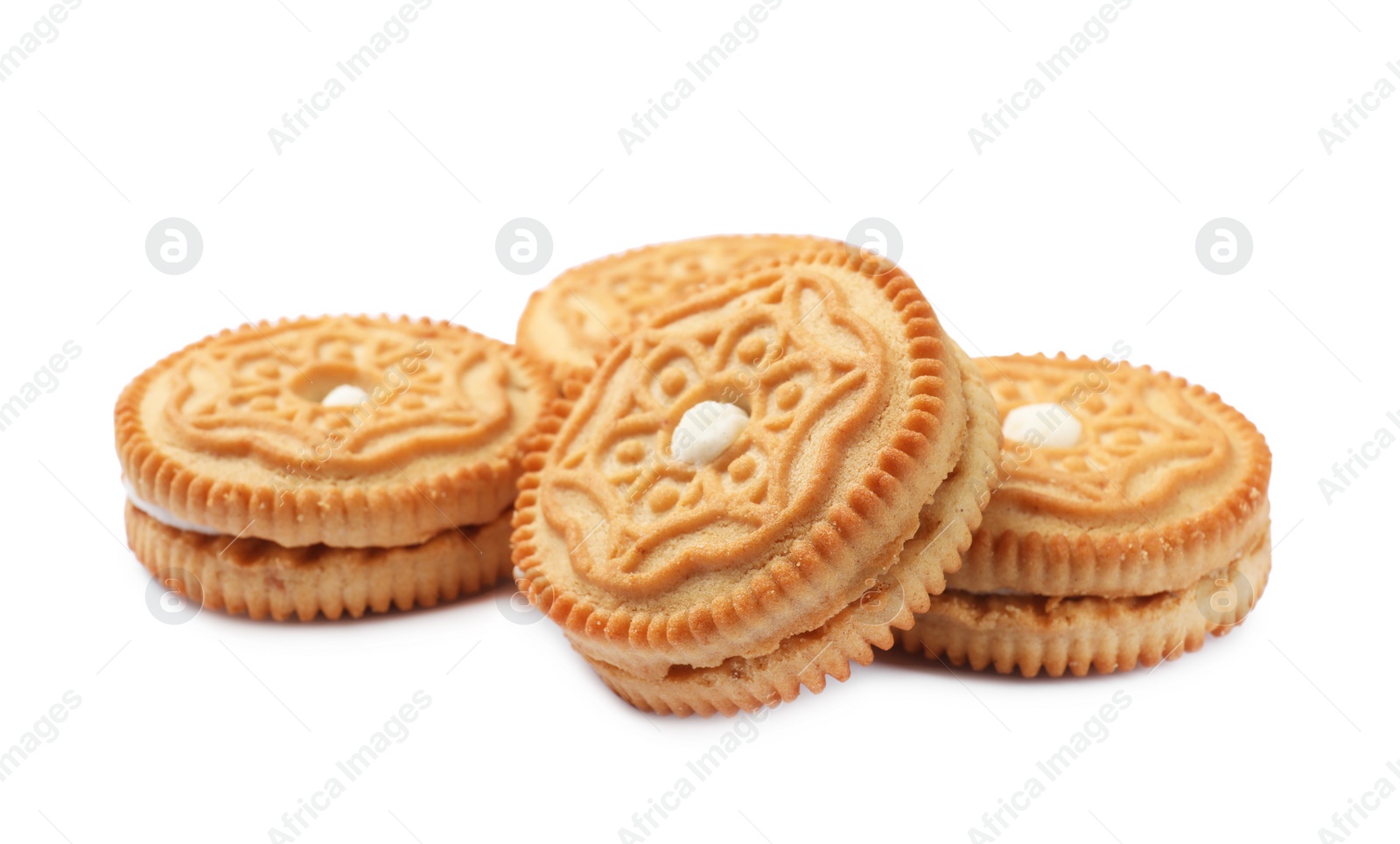 Photo of Many tasty sandwich cookies isolated on white