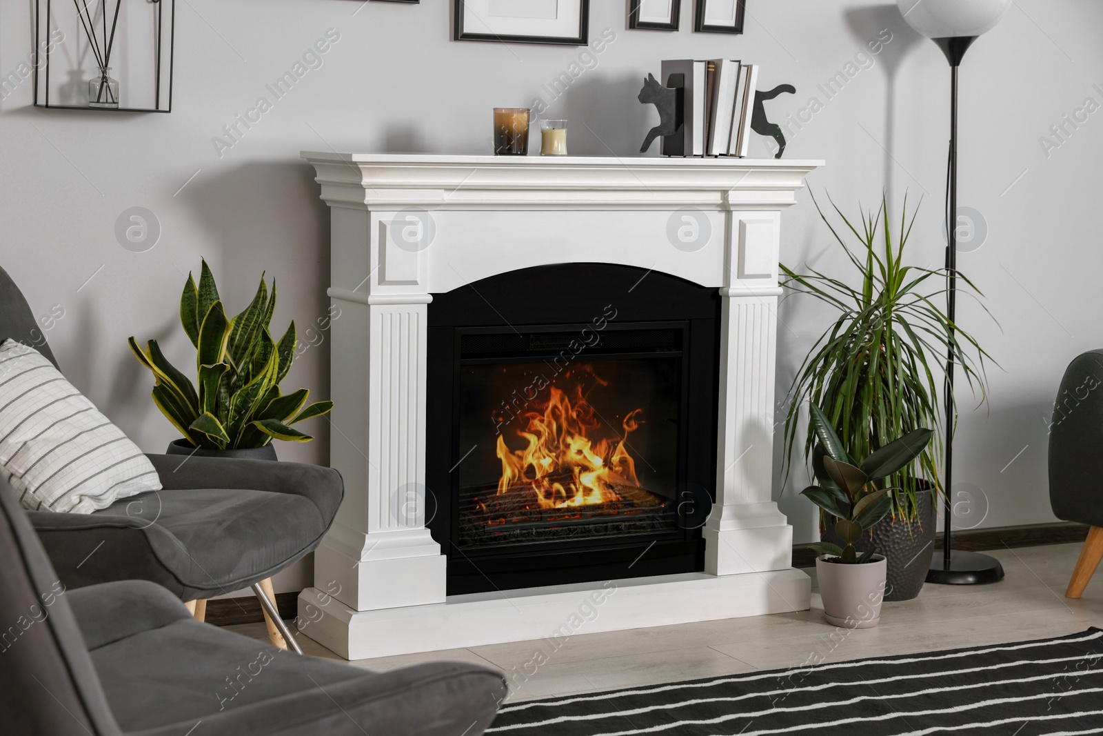 Photo of Stylish living room interior with fireplace, houseplants and grey armchairs