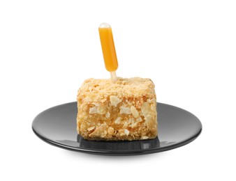 Photo of Piece of Napoleon cake with jam pipette on white background