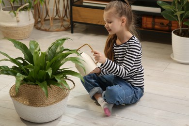 Photo of Cute little girl watering beautiful green plant at home. House decor