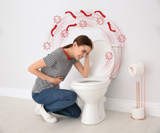 Young woman suffering from nausea at toilet bowl and bacteria illustration. Food poisoning