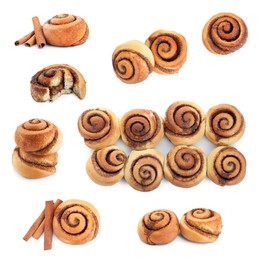 Tasty cinnamon rolls isolated on white, set