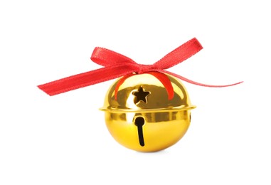 Shiny golden sleigh bell with ribbon isolated on white