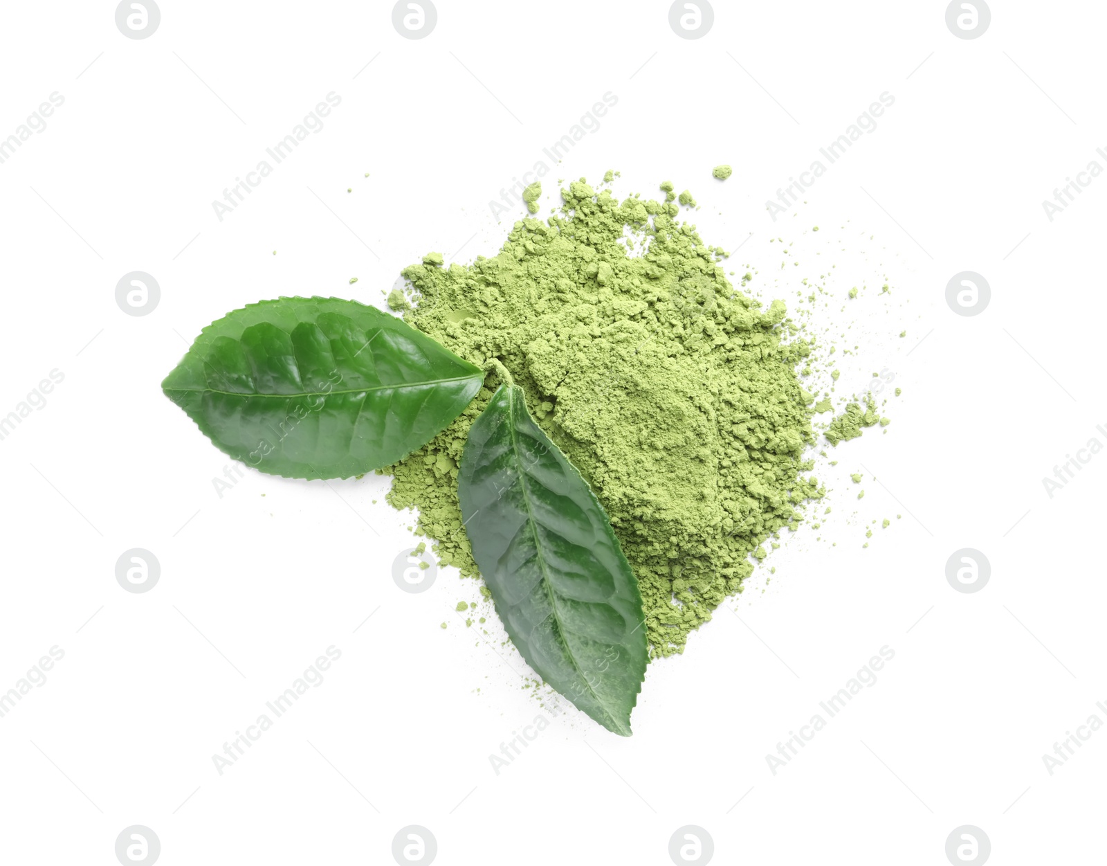 Photo of Pile of green matcha powder and fresh leaves isolated on white, top view