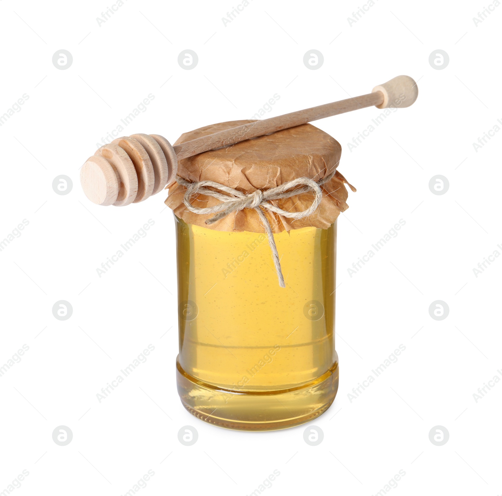 Photo of Tasty honey in glass jar and dipper isolated on white