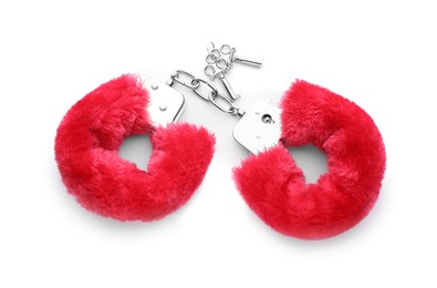 Photo of Red furry handcuffs on white background, top view. Accessory for sexual roleplay