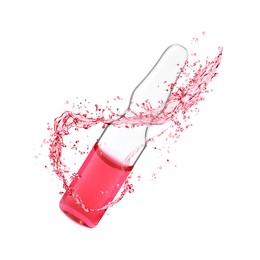 Image of Glass ampoule with pharmaceutical product and splash of liquid on white background