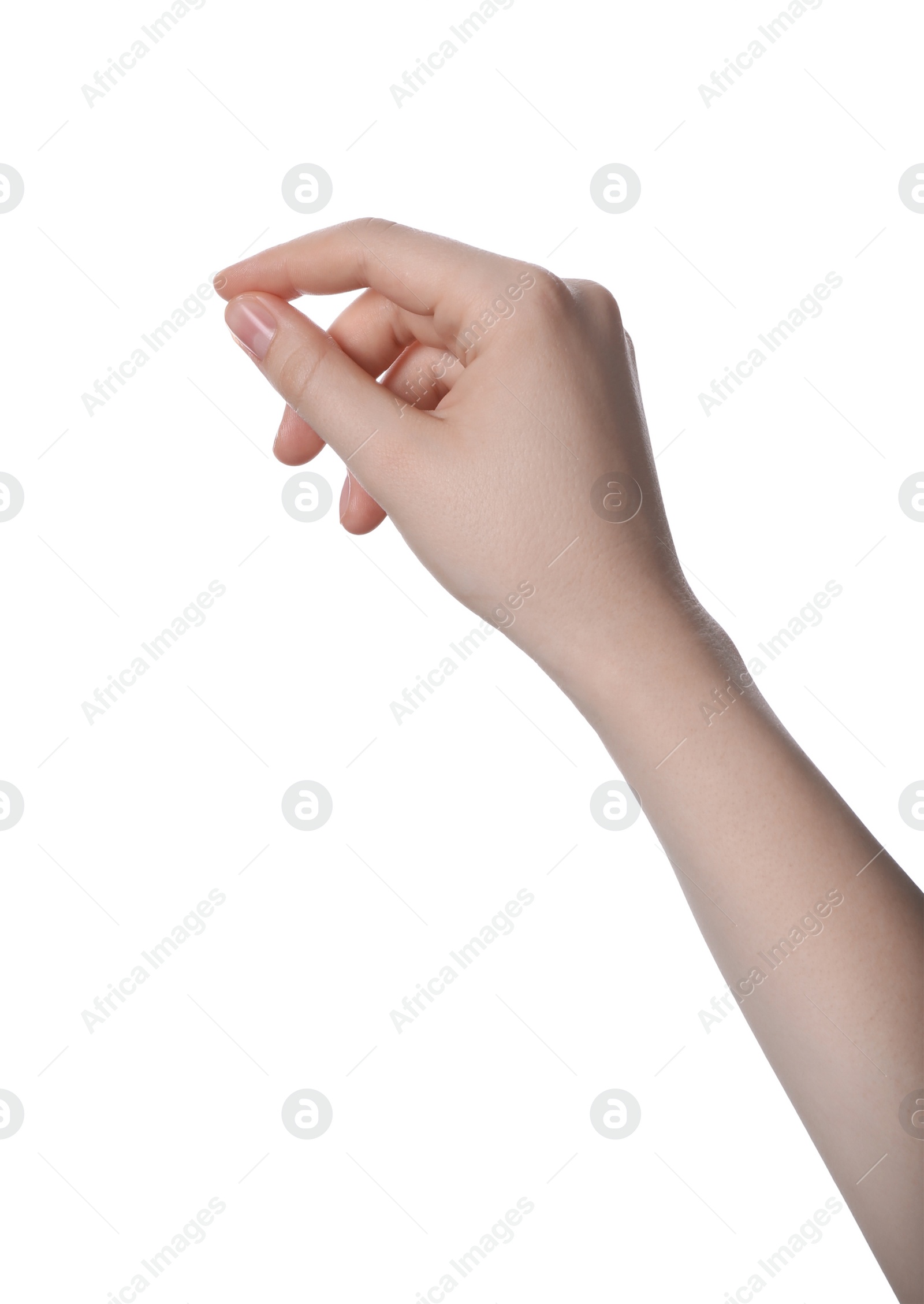 Photo of Woman holding something against white background, closeup